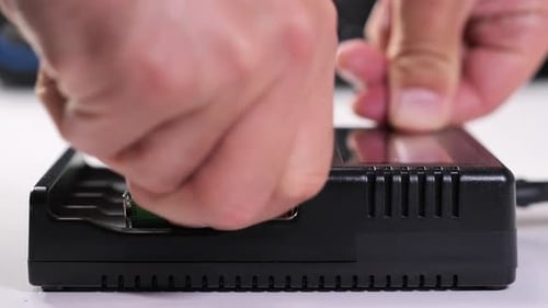 Techniker legt wiederaufladbare Batterien in das Ladegerät ein
