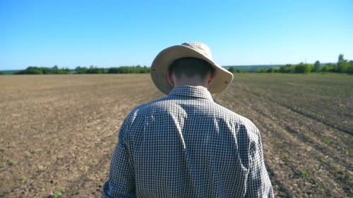 Follow to Unrecognizable Young Male Farmer in Hat and Shirt Walking on His Field at Sunny Summer Day