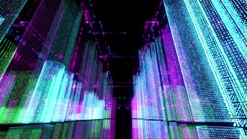 Hologramme abstrait 3D à boucle de couleur transparente, rendu de ville nocturne numérique avec matrice futuriste