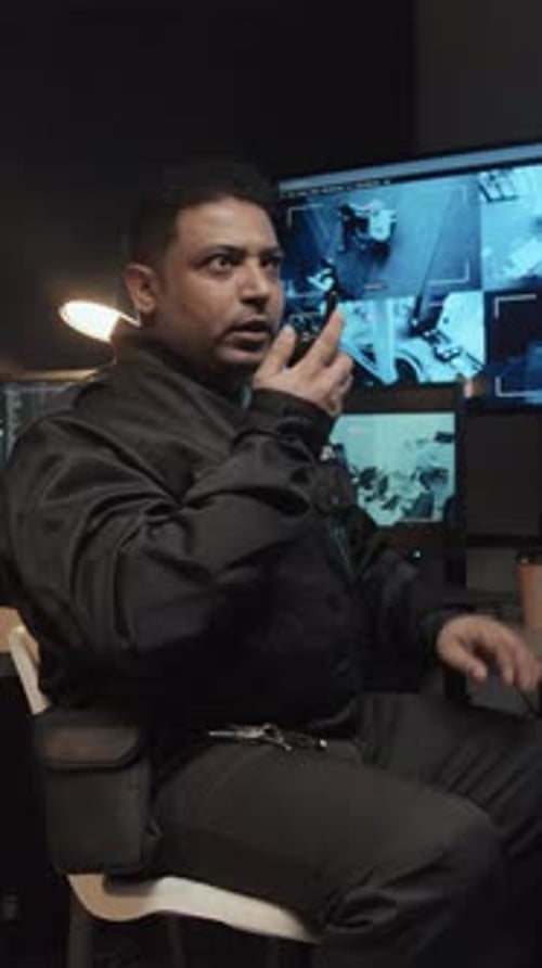 Security Guard Speaking Into a Walkie-Talkie at Night