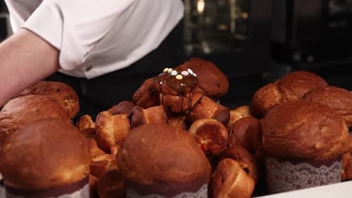 the chef prepares Easter cakes in the kitchen