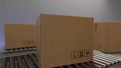 Cardboard boxes moving on warehouse conveyor belt