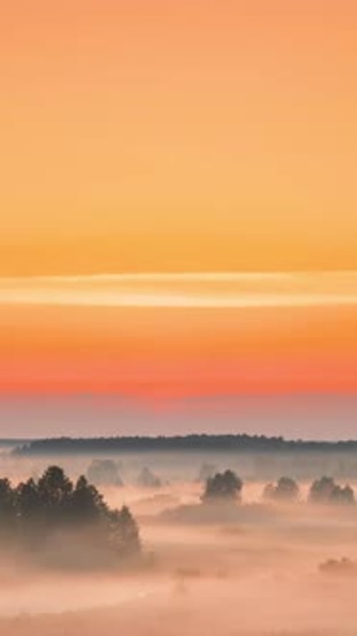 Vertical Footage Video Amazing Sunrise Over Misty Landscape Scenic View Of Foggy Morning Sky With