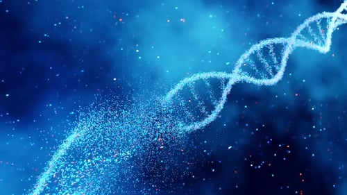 Sparkling DNA helix structure in blue and red.