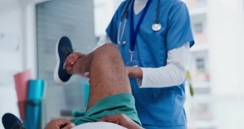 Knee rehabilitation, stretching or doctor with man for exercise, help or legs workout in recovery