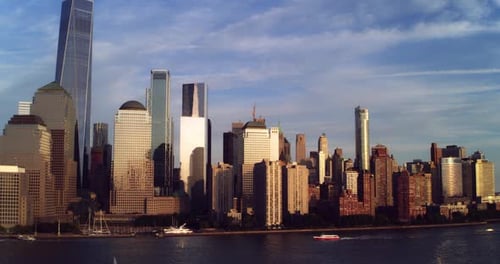 Aerial View Of Manhattan Skyline Skyscrapers From Water In New York At Golden Hour. Wide To Long ...