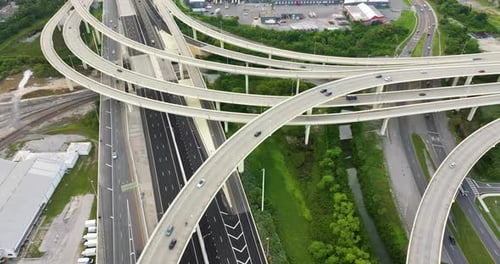 USA Car Urban Transportation Infrastructure American Highway Junction with Fast Driving Vehicles in