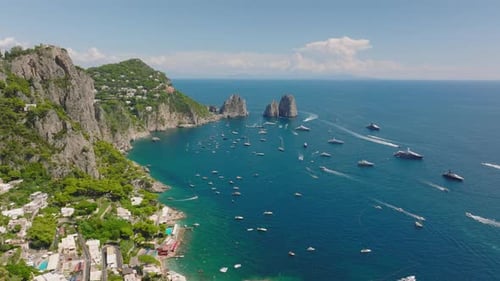 Aerial Panoramic Footage of Boats on Water Surface Along Sea Coast