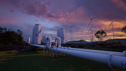 Hydrogen Fuel Production Plant with Pipelines and Wind Turbines at Sunset
