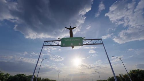 Vancouver City Road Sign - Airplane Arriving To Vancouver Airport Travelling To Canada