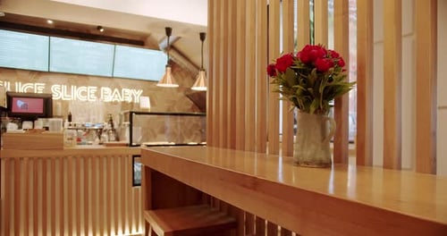 Empty Dining Fabric and Wooden Chair Modern Equipment in the Cafe