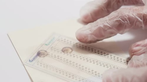 L'optométriste examine l'empreinte de la rétine à l'aide d'une règle spéciale. Optométriste lors d'un examen