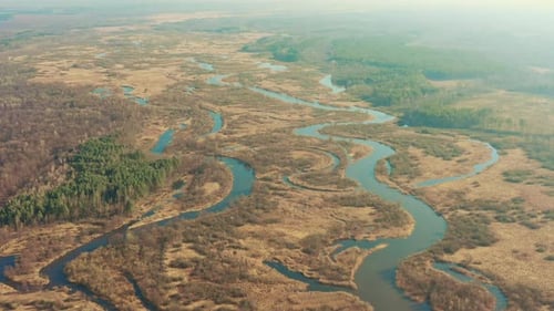Aerial View Curved River In Early Spring Landscape