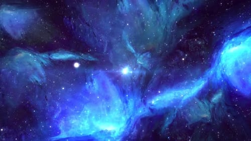 Space travel through the vast blue cosmos through nebulae and galaxies to a shining bright star.