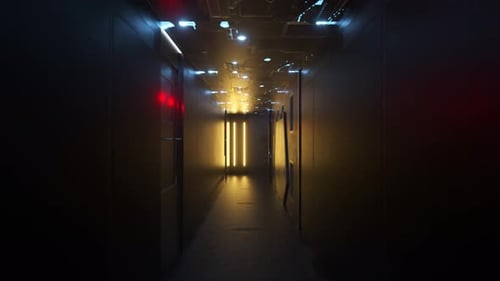 A Dark Futuristic Corridor Illuminated By Glowing Red Yellow and Blue Lights Creating a Moody and