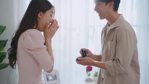 Excited Couple Engagement, Woman Accepts Ring, Hugs