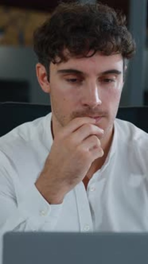 Focused Caucasian Business Man Thinking Working with Laptop Online Work Think Pondering Job Idea