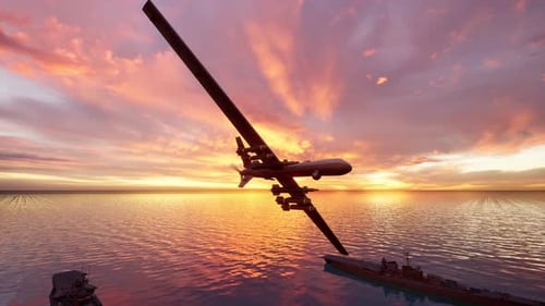 Military Drone Flying Over Ocean with Warships at Sunset