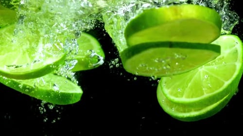 Lime Slices Falling into Clear Water
