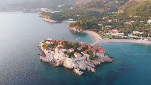 Drone Video of the Small Old Sveti Stefan in Montenegro