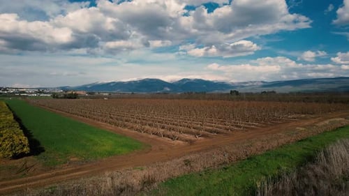 Belle journée prise par Drone dans la vallée, neige, montagne, printemps, ciel bleu avec nuages, champ vert 4k