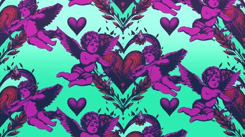 Animated Romantic Cherub and Hearts Decorative Pattern