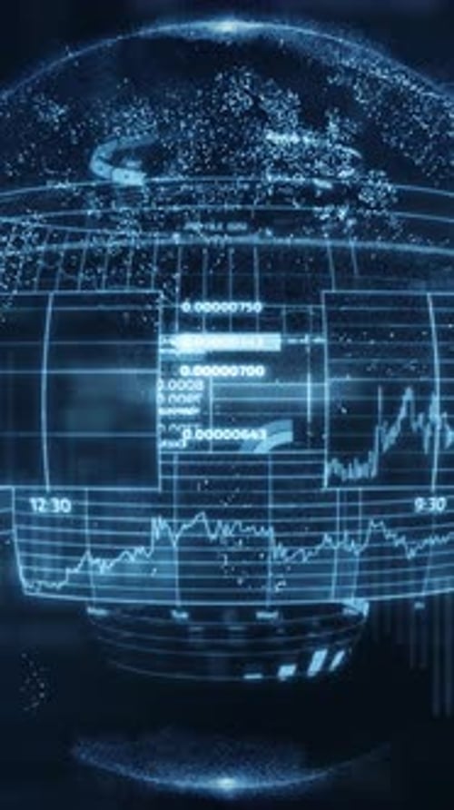 Futuristic Digital Globe with Financial Data and Graphs