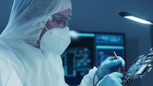 Microelectronics Engineer Works in a Modern Scientific Laboratory on Computing Systems and