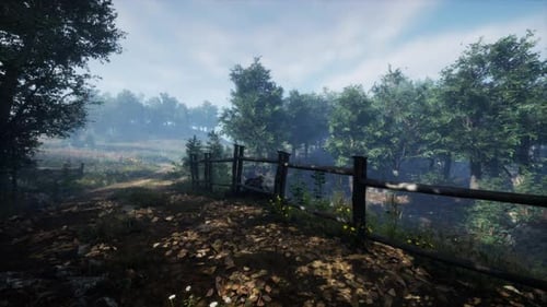 A Beautiful Forest Landscape with a Rustic Wooden Fence in the Foreground