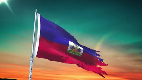 Realistic Haiti Flag Waving Against Beautiful Sunset Sky