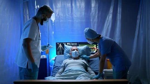 Doctors and Covid-19 Infected Patient in Bed in Hospital, Coronavirus Concept