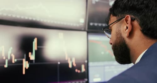 Trader, man and computer screen with trading for stock market, financial tech