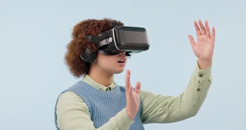 VR glasses, business woman and hands with metaverse, virtual reality and futuristic game in studio