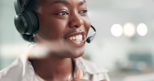 Business, telemarketing and call center with black woman, communication and connection in workplace