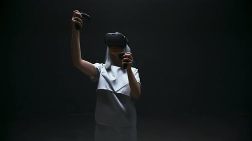 Woman with VR Headset Experiencing Virtual Reality