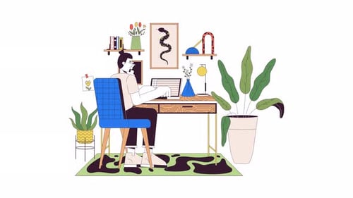 Freelancer at home office line cartoon animation