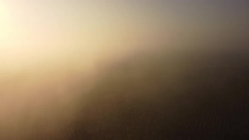 Aerial view of sky and sunlight during beautiful sunrise with clouds and fog in the morning.