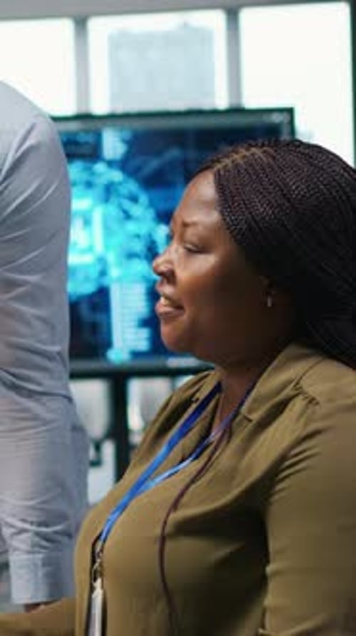 Vertical Video Pleased Startup Office Manager Applauding Female Programmer for Optimizing Code
