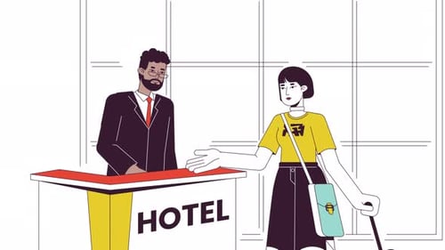 Hotel front desk check in line 2D characters animation