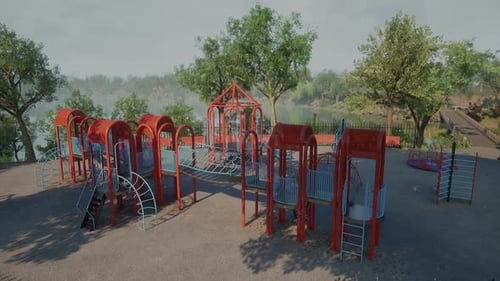 Brightly Colored Playground Equipment in a Sunny Outdoor Park Near a River