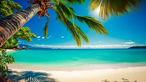 Scène de plage paradisiaque tropicale. Des palmiers luxuriants ombragent une plage de sable immaculée