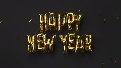 Golden Happy New Year Balloon Text Animation with Confetti