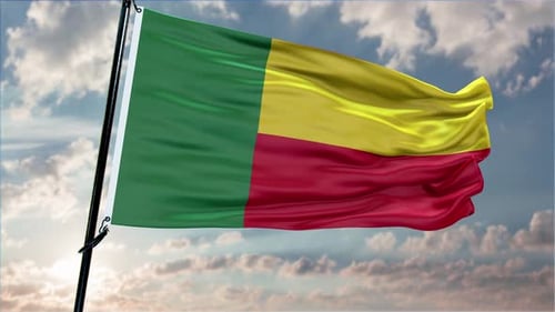 Realistic Waving Flag of Benin Against Cloudy Sky
