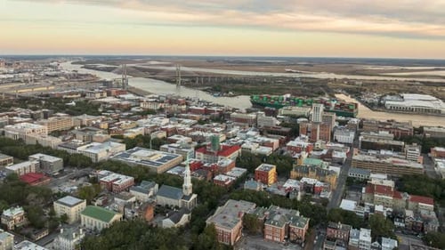 Sunrise Over Savannah, Georgia Cityscape With River