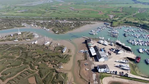 Tollesbury Essex UK boats moored Aerial Footage 4K