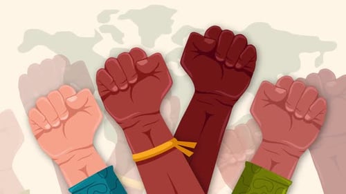 Animated Diverse Fists Against World Map Illustration