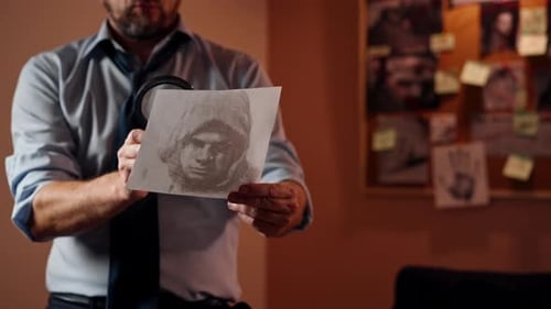 in the Detective's Office Middleaged Investigator in a Shirt and Tie Examines with a Magnifying