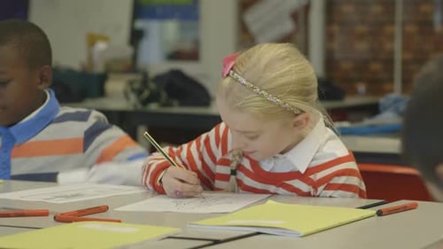 Children color in class at school desk together