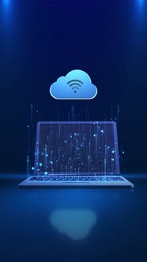 Rede de nuvem digital acima do fluxo de dados do laptop Conexão sem fio Plano de fundo da nuvem