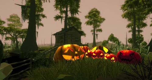 Halloween: Animated Low Poly Pumpkins in Spooky Swamp Scene